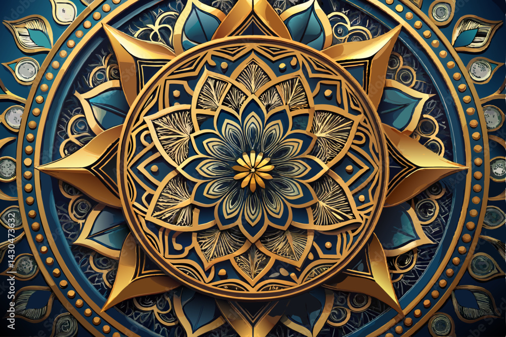 Obraz premium Ancient Thai art ceramic tile mosaic features a golden floral pattern with ornate, geometric, oriental, and ethnic design elements in a round frame, showcasing antique decor