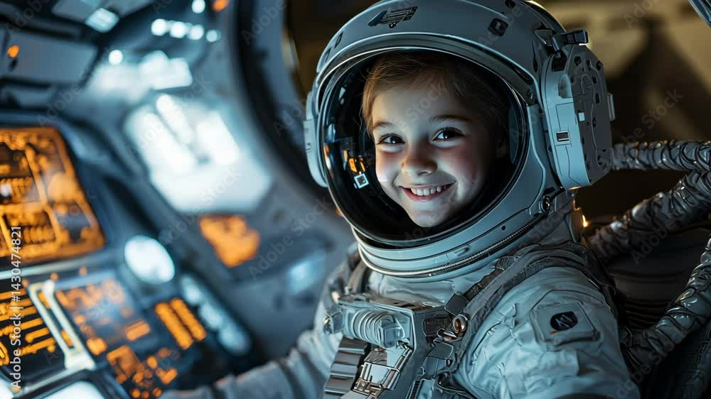 A girl in an astronaut suit, smiling and looking at the camera A girl in an astronaut suit, smiling and looking at the camera