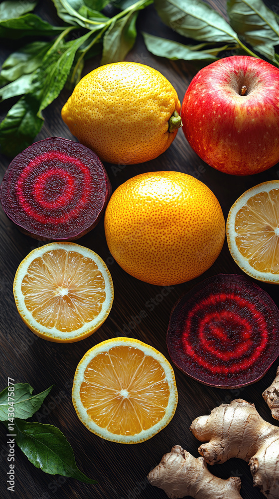 Fresh fruits and vegetables including lemons, apples, and beets arranged beautifully on wooden surface, showcasing vibrant colors and textures that evoke sense of health and vitality