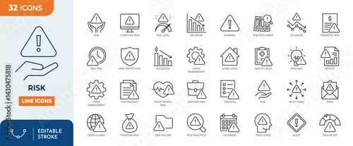 Risk line editable icon set. Containing icons related to risk, warning, alarm, and more. vector illustration