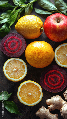 Obraz na płótnie Fresh fruits and vegetables including lemons, apples, and beets arranged beautifully on wooden surface, showcasing vibrant colors and textures that evoke sense of health and vitality w salonie