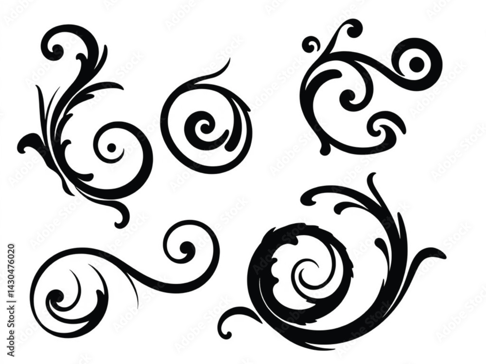Decorative Swirl and Spiral Vector Elements – Stylish Ornaments for Logos, Tattoos, and Invitations silhouette on white background Decorative Swirl and Spiral Vector Elements – Stylish Ornaments for Logos, Tattoos, and Invitations silhouette on white background