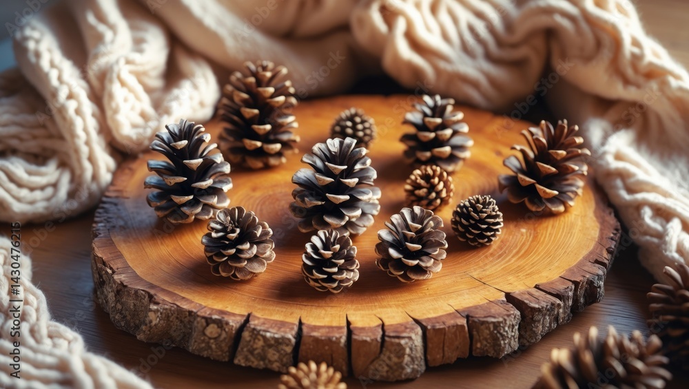 Pine cones on a wooden tray with a cozy knitted blanket. Flat lay.