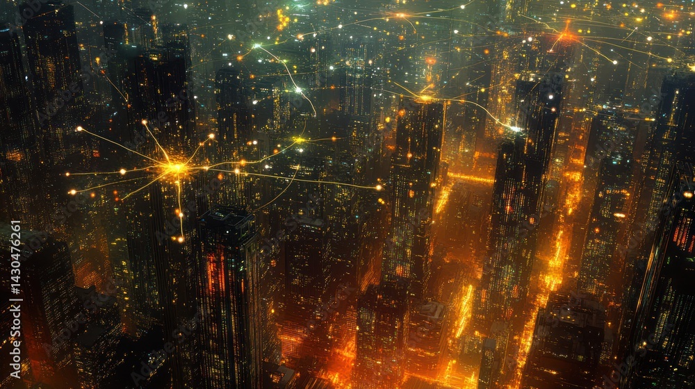 Fototapeta premium Futuristic City Nightscape Aerial view of glowing skyscrapers and illuminated streets at night, suitable for Sci-Fi films