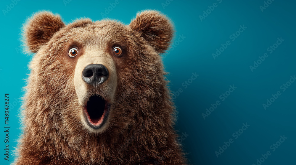 Fototapeta premium Surprised & Shocking Brown Bear Against Vibrant Blue Background With Wide-Eyed Expression 