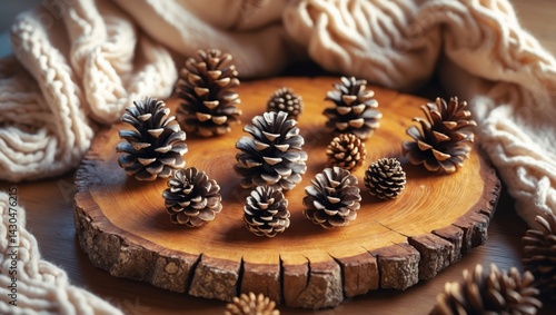 Obraz na płótnie Pine cones on a wooden tray with a cozy knitted blanket. Flat lay. w salonie