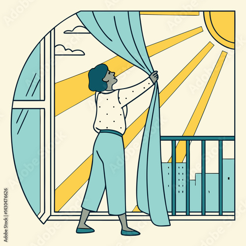 Person opening curtains illustration for morning routine blogs, sleep hygiene content, positive mindset resources and daily wellness habit websites