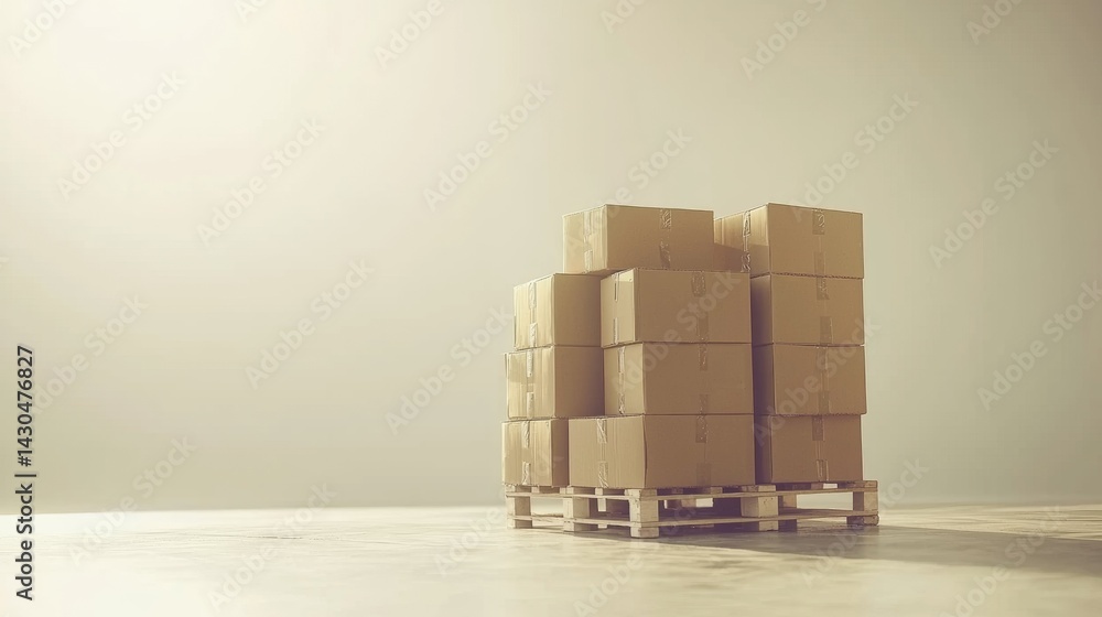 Fototapeta premium Stacked cardboard boxes on a wooden pallet in an empty warehouse during daylight hours