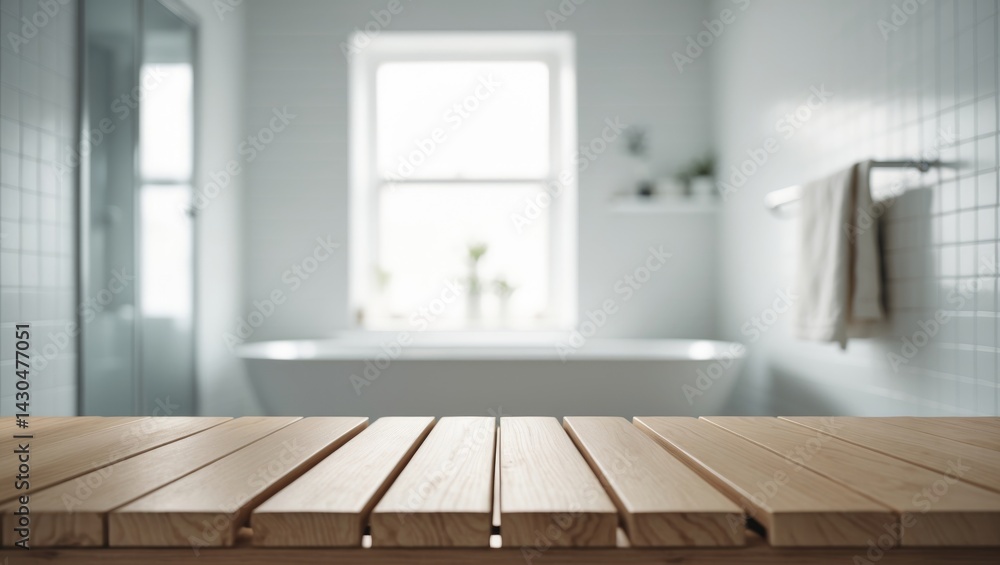 Obraz premium Blurred interior background with wooden planks surface in bathroom setting