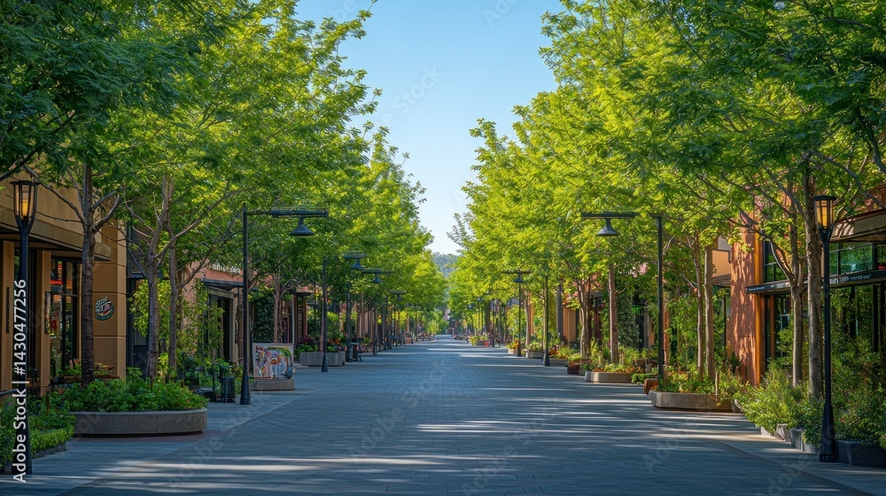 Peaceful urban street lined with shops and trees Peaceful urban street lined with shops and trees