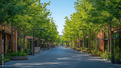 Peaceful urban street lined with shops and trees