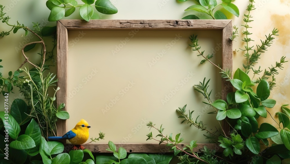 Wooden signboard surrounded by greenery and a decorative bird.