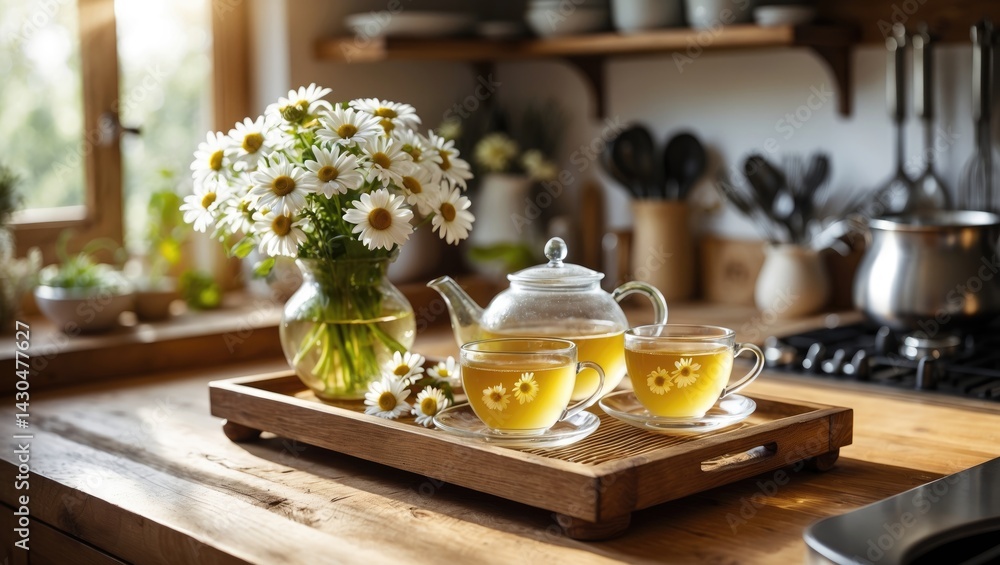 Wooden tray featuring a teapot and cups of herbal chamomile tea with flowers on the table