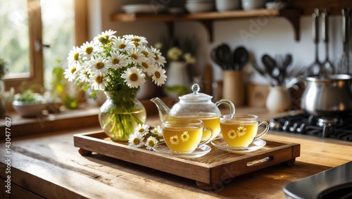 Obraz na płótnie Wooden tray featuring a teapot and cups of herbal chamomile tea with flowers on the table w salonie