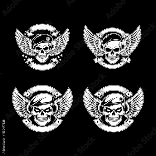 Four Variations of Skull with Beret, Wings, and Banner Emblem
