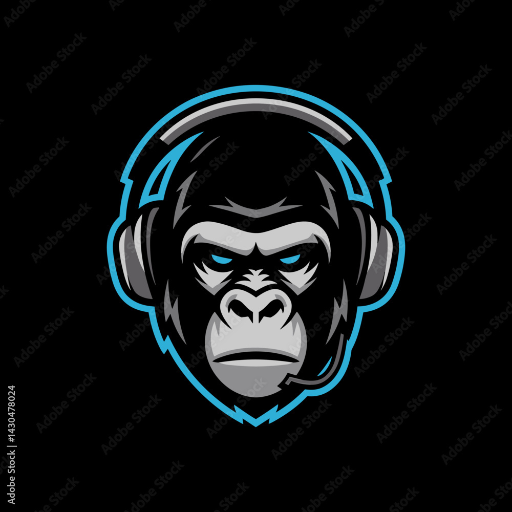 Fierce Cyber Gorilla Mascot with Headset and Microphone for Esports Gaming Logo and Streaming Identity Design on Black Background Fierce Cyber Gorilla Mascot with Headset and Microphone for Esports Gaming Logo and Streaming Identity Design on Black Background