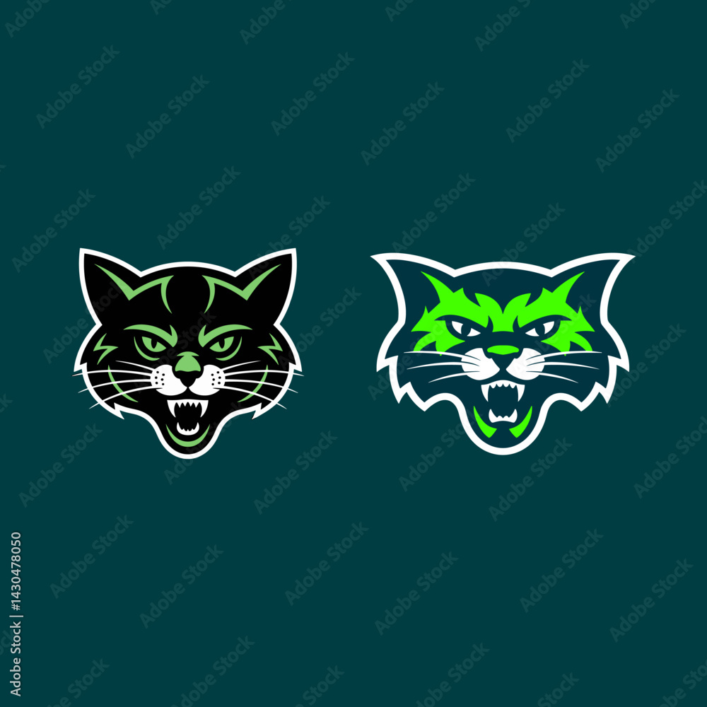 Set of Two Aggressive Wildcat Bobcat or Lynx Head Esport Mascot Illustrations in Green and Black Set of Two Aggressive Wildcat Bobcat or Lynx Head Esport Mascot Illustrations in Green and Black