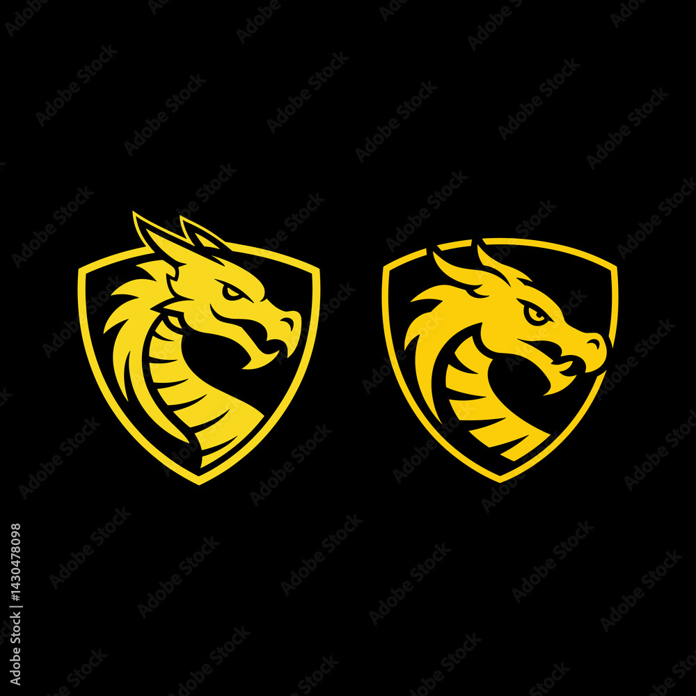 Obraz premium Set of Two Fiery Yellow Dragon Head Esport Gaming or Fantasy Mascot Logos in Shields