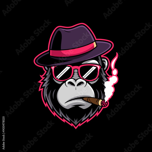 Stylish Gangster Gorilla Mascot with Fedora Hat, Sunglasses, and Smoking Cigar in Retro Cartoon Style for Hip Urban Branding and Streetwear Logo on Black Background