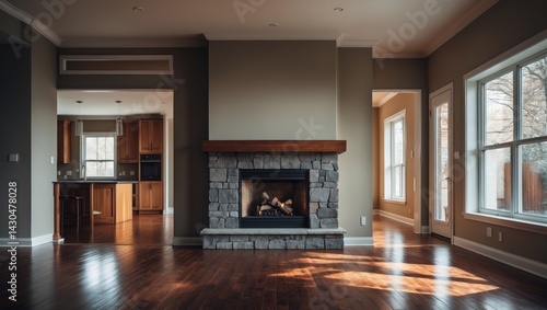 Wallpaper Mural Spacious living room with hardwood floor and fireplace, adjacent to dining and kitchen areas Torontodigital.ca