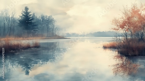 Tranquil lakeside scene with soft hues of nature reflecting in calm waters.