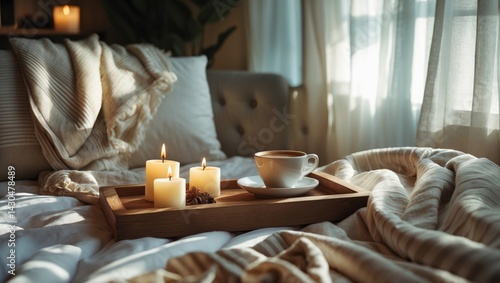 Wooden tray holding coffee and candles placed on bed with white bedding, striped blanket, and pillow for breakfast in bed