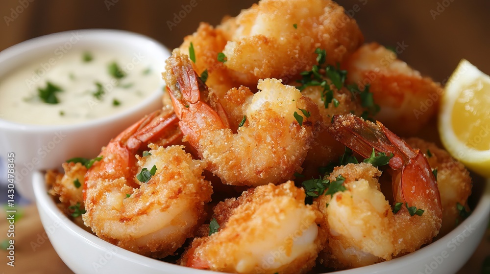 Delicious crispy breaded shrimp appetizer with creamy sauce lemon garnish sea eat food meal dish Delicious crispy breaded shrimp appetizer with creamy sauce lemon garnish sea eat food meal dish