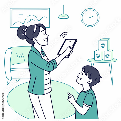 Child teaching parent how to use technology illustration for family tech blogs, generational learning materials, and digital literacy educational content