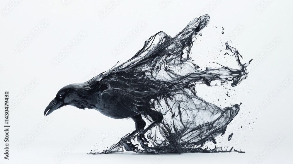 Fototapeta premium Raven transforming into an abstract form with flowing black elements in a minimalist environment