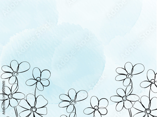 Simple Line Art Flowers on Light Blue Watercolor Background