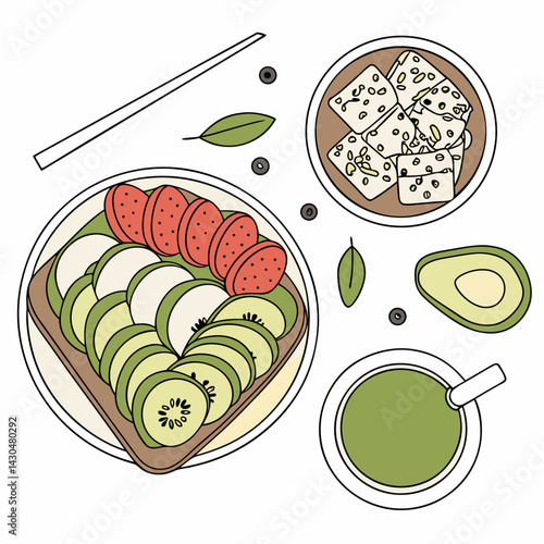 Healthy food arrangement illustration for nutrition websites, recipe blogs, dietary guideline materials, and wellness program marketing
