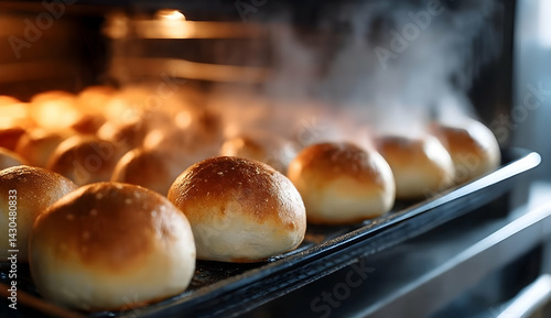Freshly baked bread rolls emerging from the oven, releasing steam and enticing aromas, perfect for showcasing the art of baking and food preparation.