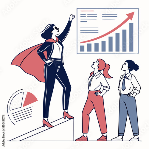 Confident businesswomen leading team with growth chart vector illustration for corporate websites, leadership training materials, diversity initiatives, professional development blogs