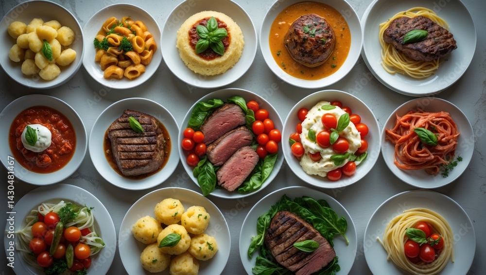 Traditional Italian cuisine platter, top-down view with gnocchi, polenta, carbonara, arancini, ossobuco, bistecca, steak, ribollita, parmigiana, caprese salad, pasta Traditional Italian cuisine platter, top-down view with gnocchi, polenta, carbonara, arancini, ossobuco, bistecca, steak, ribollita, parmigiana, caprese salad, pasta