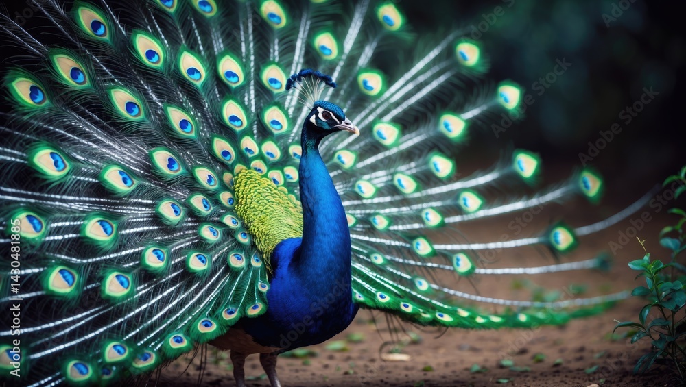 Obraz premium A male peafowl displaying its vibrant, colorful plumage with iridescent blue and green feathers and intricate eye-like patterns