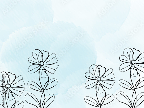 Simple Line Art Flowers on Light Blue Watercolor Background