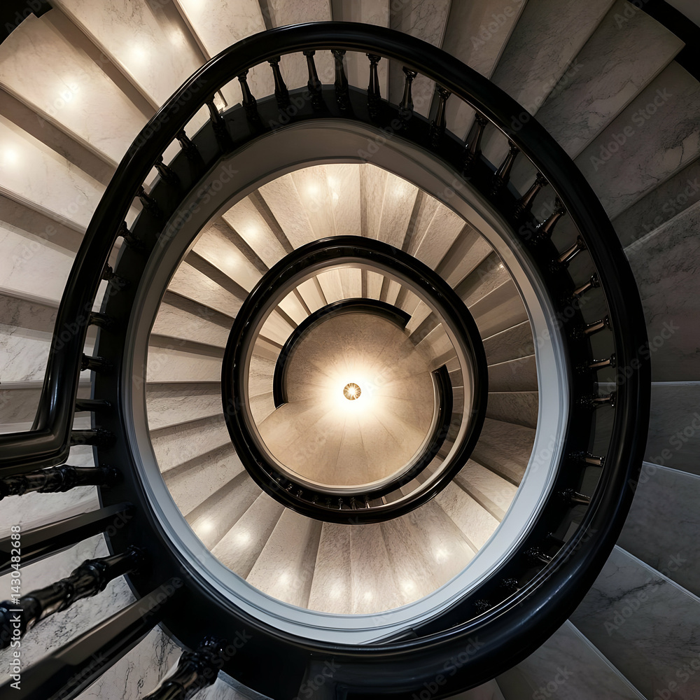 Fototapeta premium Stunning spiral staircase viewed from above, emphasizing elegant design and architectural beauty, showcasing intricate details and warm lighting.