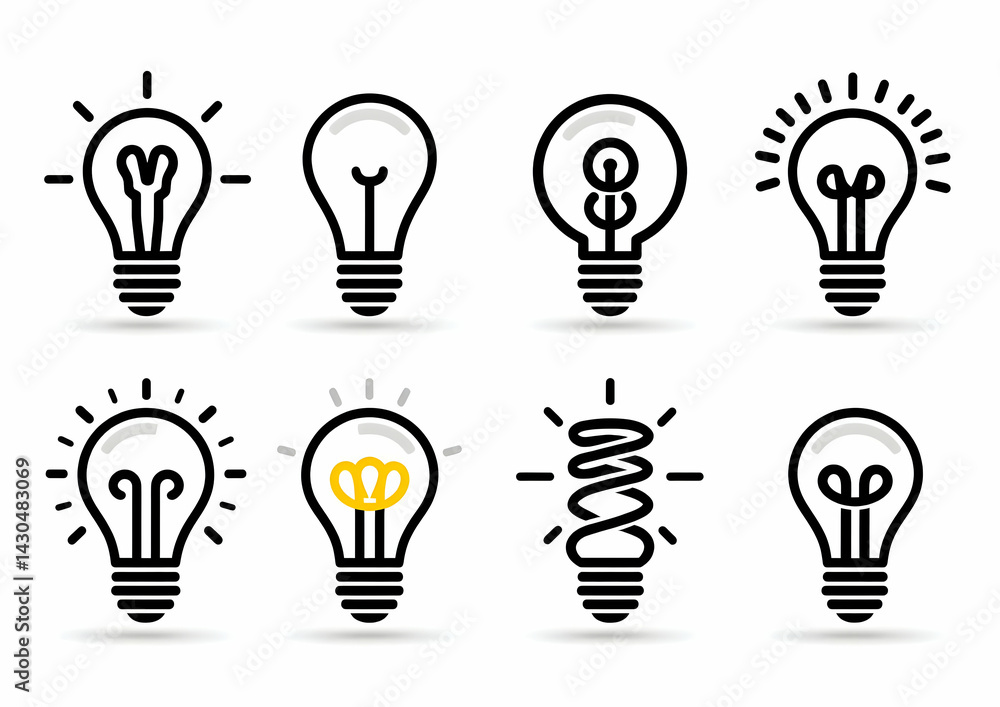 This collection features various light bulb designs, showcasing creativity and innovation. Perfect for illustrating ideas, concepts, and projects. This collection features various light bulb designs, showcasing creativity and innovation. Perfect for illustrating ideas, concepts, and projects.