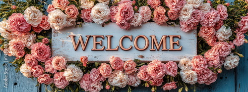 Welcome sign adorned with beautiful pink roses, creating warm and inviting atmosphere for guests. floral arrangement enhances charm of entrance