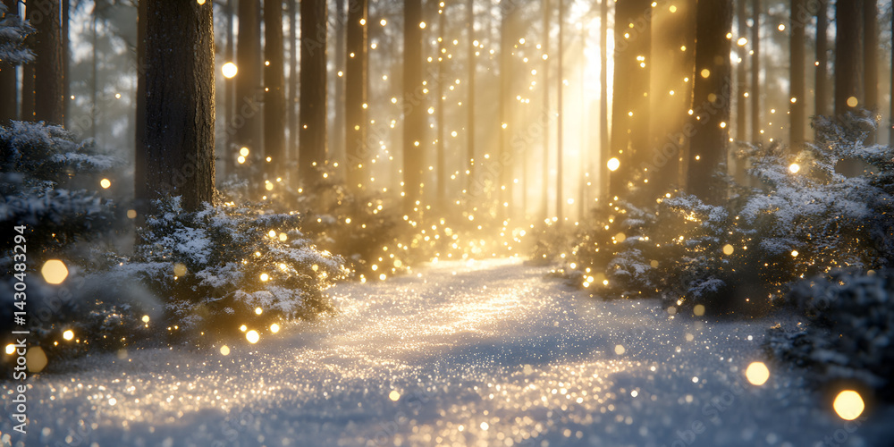 Sunlit Snowy Forest Path with Magical Winter Lights
Sunlit Snowy Forest Path with Magical Winter Lights