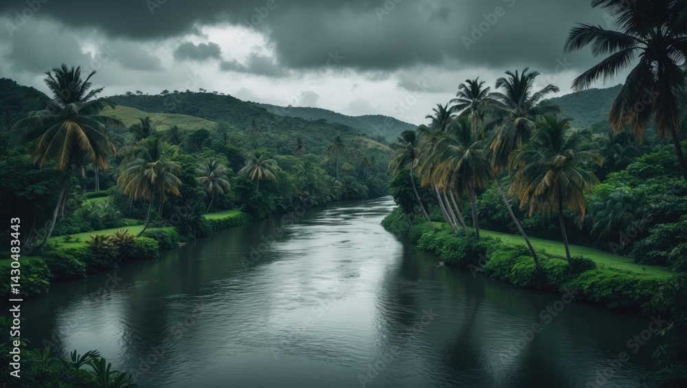 Obraz premium Vast tropical river lined with palm trees along each bank