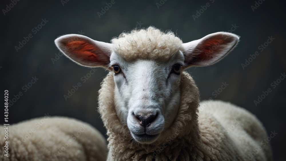 Fototapeta premium Young sheep isolated on a background with space for text. Close-up view of a lamb gazing at the camera.