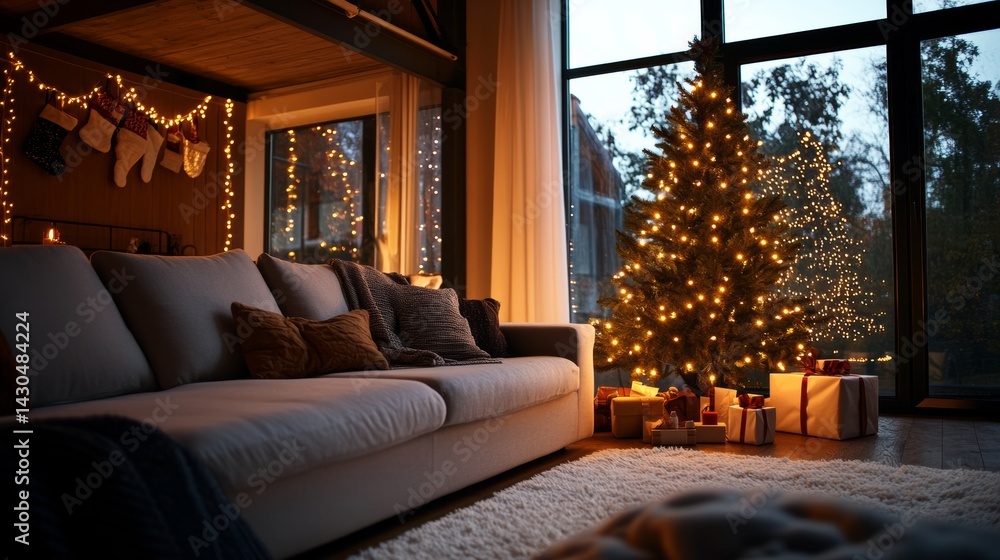 Fototapeta premium A cozy Christmas living room with a beautifully decorated tree, twinkling fairy lights, and warm seasonal decorations, creating a festive mood,
