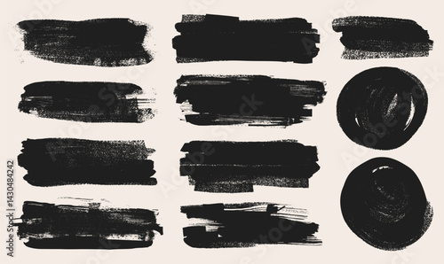 Collection of bold brush strokes. Sketchy bold vintage lines. Set of ink brush strokes and frames. Grunge marker highlight underline vector paint. Hand drawn thick grunge lines and rectangle shapes.