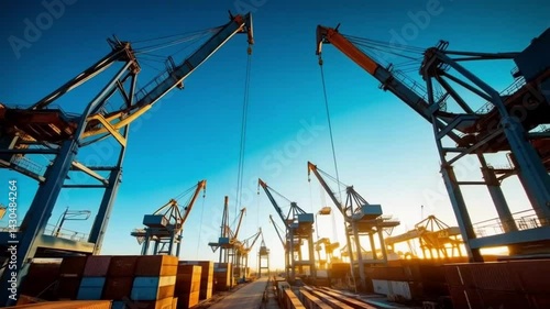 The view of the industrial site showed towering cranes, busy lifting cargo under the bright sky.