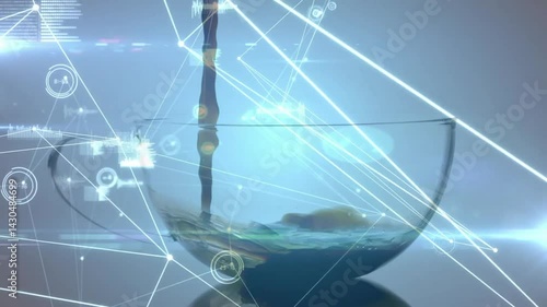 Glass bowl filling with clear liquid, digital network HUD overlaying high-tech 3D render