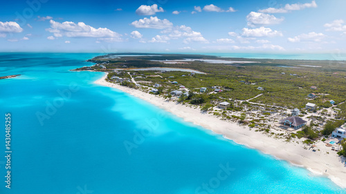 Panoramic aerial view of the beautiful Tropic of Cancer Beach, Little Exuma island, The Bahamas