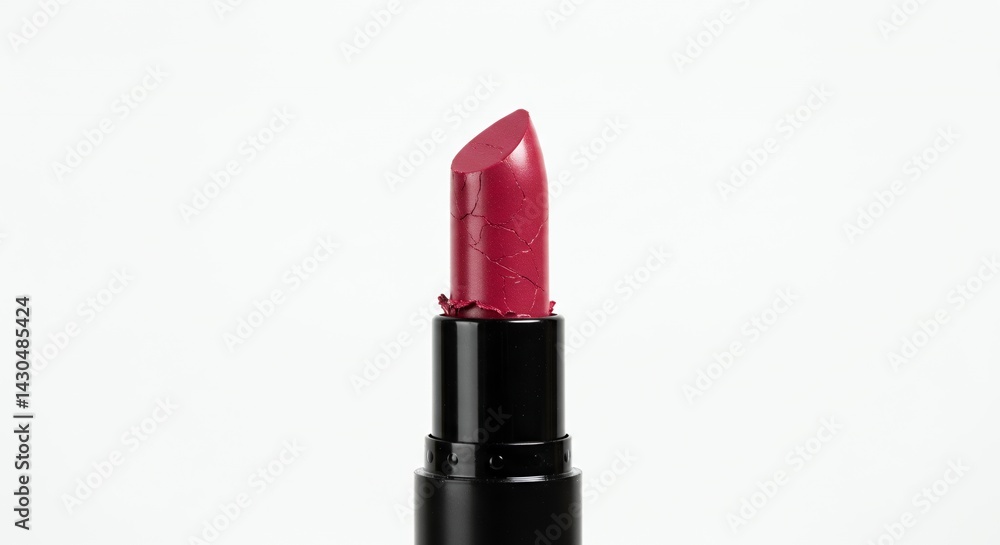 Cracked Red Lipstick Partially Twisted against White Backdrop Showing Chips and Damage in a Close Up Studio Shot Cracked Red Lipstick Partially Twisted against White Backdrop Showing Chips and Damage in a Close Up Studio Shot