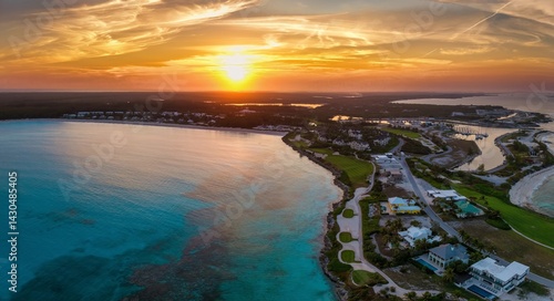 Obraz na płótnie Aerial view of the beautiful Emerald Bay at Great Exuma island, The Bahamas, Caribbean Sea, during sunset time w salonie