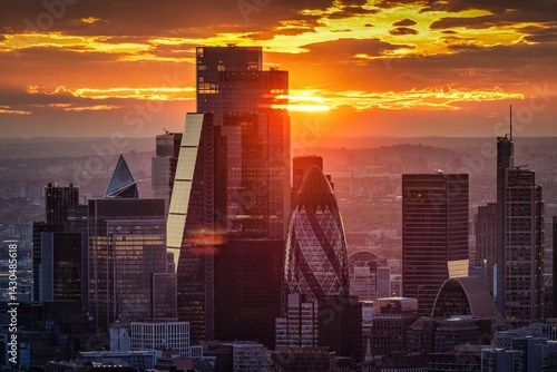 Elevated close-up view of the financial skyscrapers at the City of London during sunset